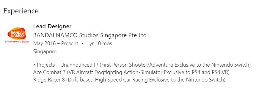 Bandai Namco Singapore Employee LinkedIn Profile
